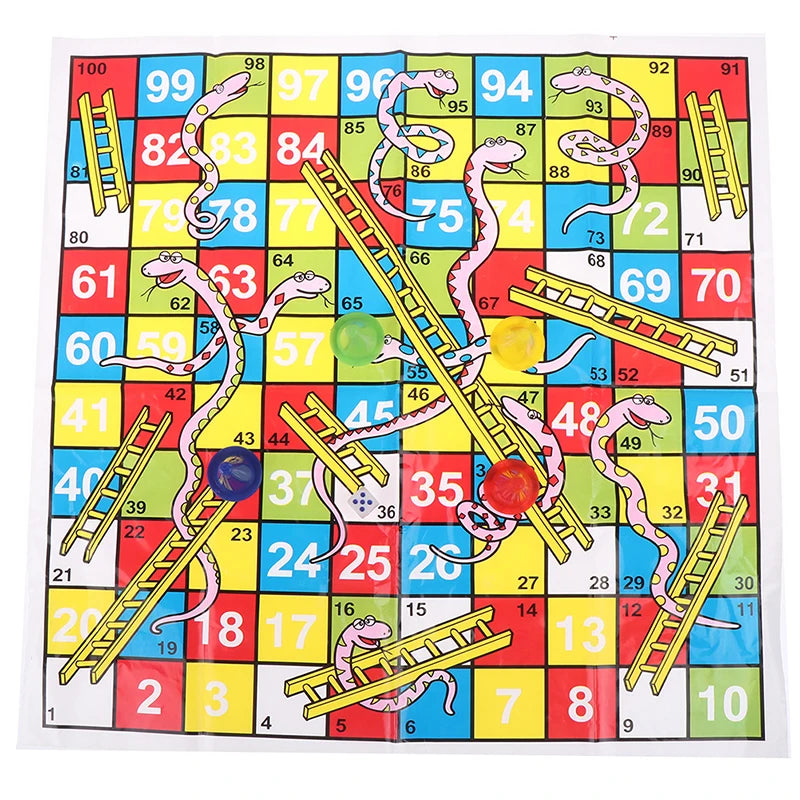 A colorful Snakes and Ladders board game layout with a grid of squares, ladders, and snakes.