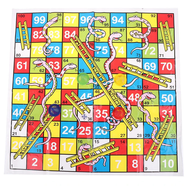 Ein buntes Leiterspielbrett mit Gitterquadraten, Leitern und Schlangen