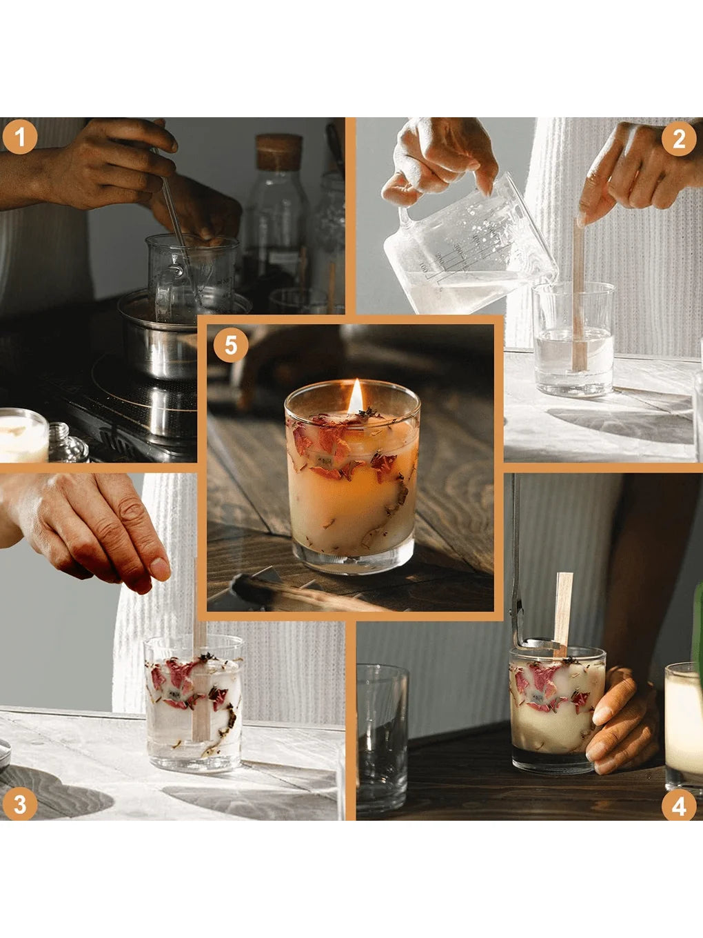 Four images showing the preparation and use of cherry wood candle wicks with iron brackets and glue dots for making candles.