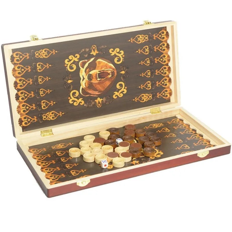 A wooden folding game board set containing chess and checkers pieces inside a portable box.