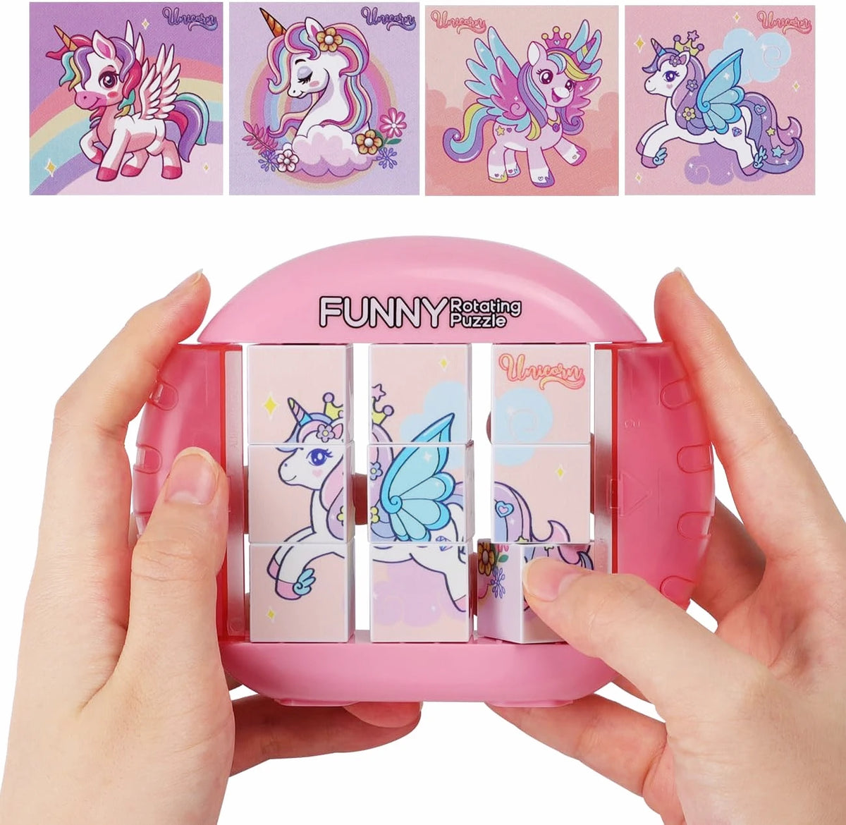 A pink rotating puzzle toy featuring four unicorn figures for kids