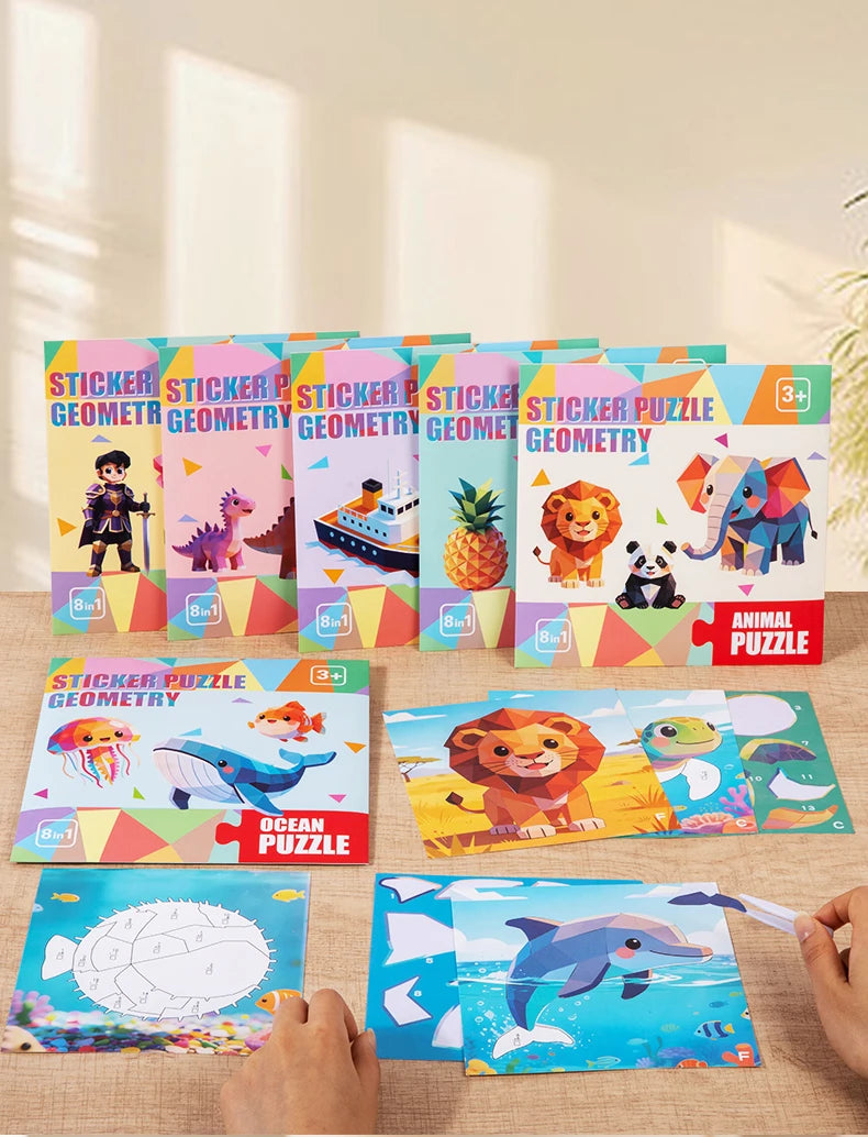 A collection of sticker puzzle kits featuring dinosaur and animal designs in various geometric shapes.