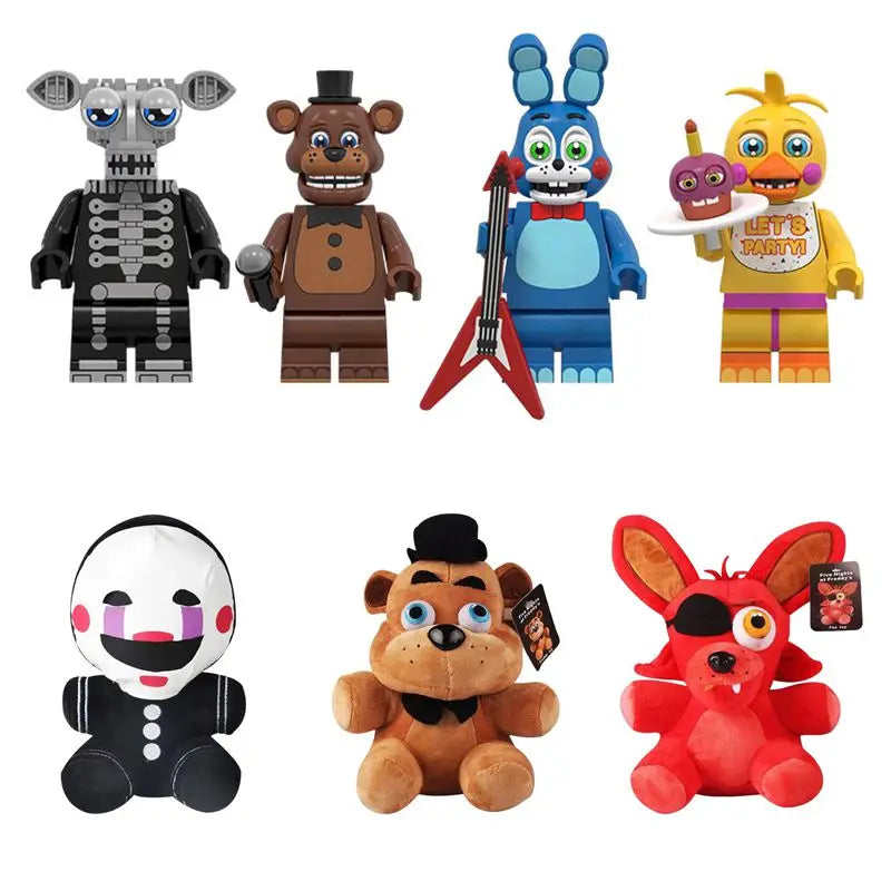 A set of mini building block figures of Five Nights at Freddy's characters including Bonnie, Chica, Foxy, and Freddy.
