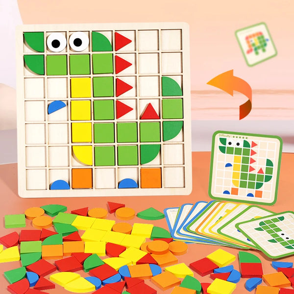 A wooden Montessori puzzle set featuring a dinosaur shape made of colorful wooden blocks and a matching puzzle board.