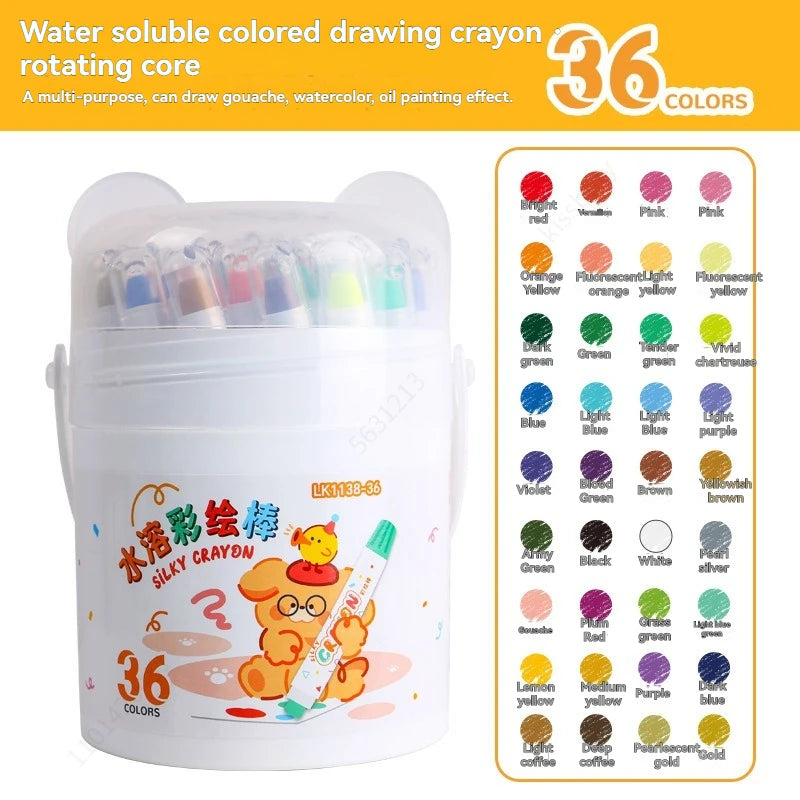 A container of 36 water-soluble colored drawing crayons with a rotating core inside.