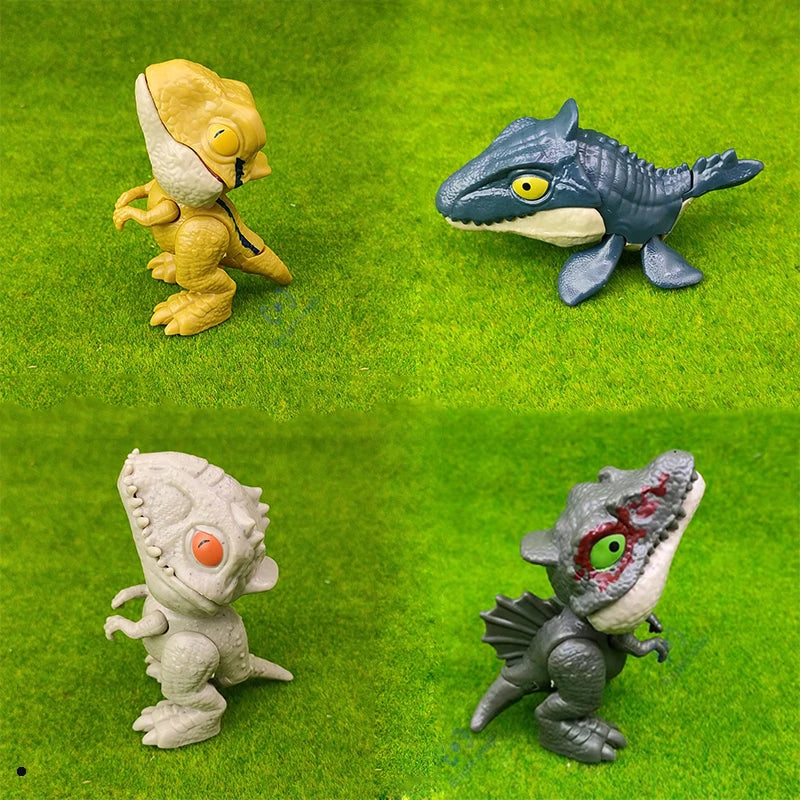 Three dinosaur fossils in various states of excavation and display on green grass.