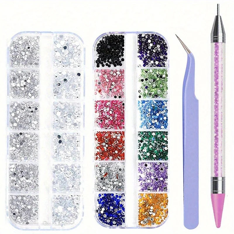 A collection of multi-size flat back acrylic rhinestones in various colors and shades for nail art and DIY crafts.