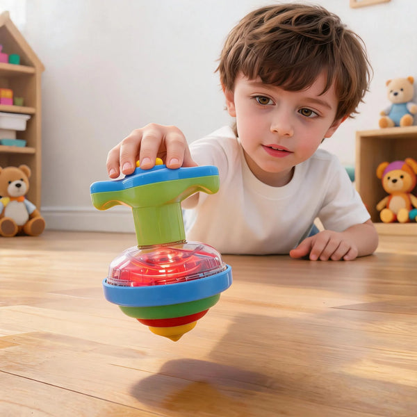 Un jeune garçon tient et s'apprête à lancer une toupie lumineuse colorée à LED clignotantes.