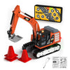 Orange mini RC excavator with a digital control panel and safety cones.