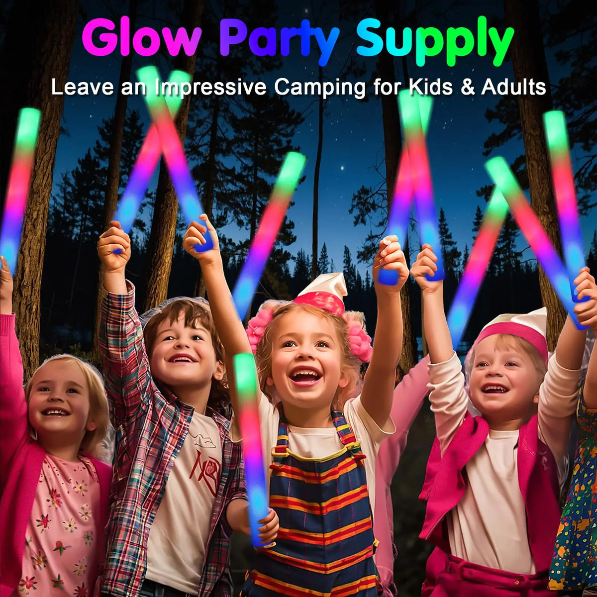 Children and adults holding glowing LED foam sticks during a camping party