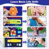 A set of toddler busy board activities showing various life skills like dressing, cutting, and fastening.