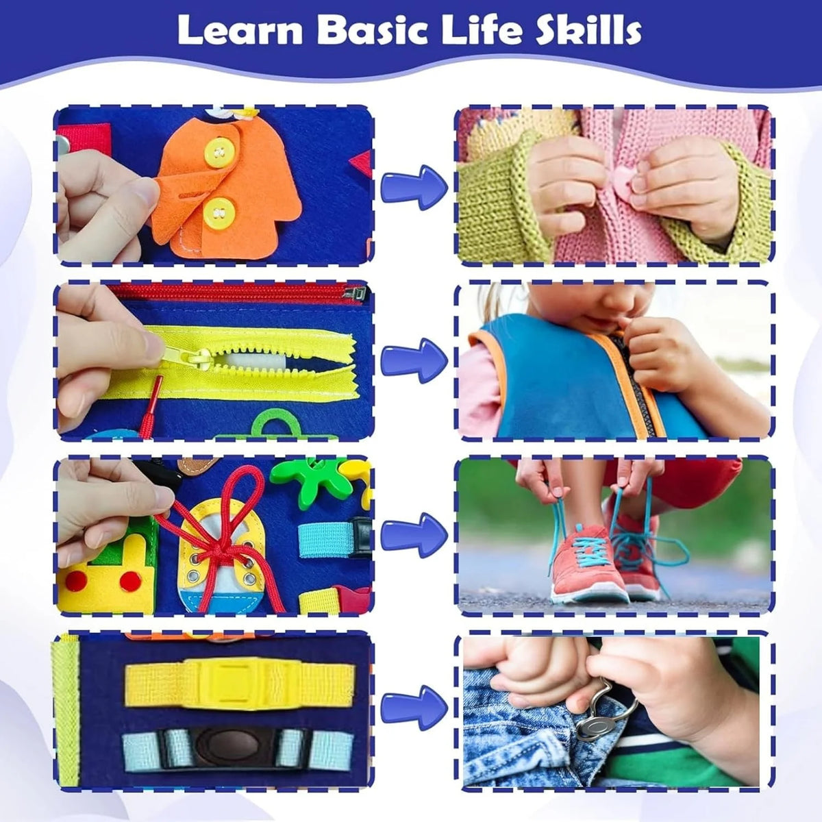 A set of toddler busy board activities showing various life skills like dressing, cutting, and fastening.