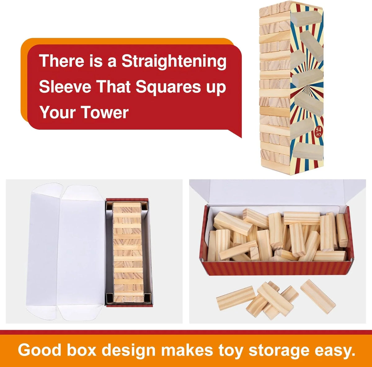 Classic Wooden Tumble Tower Game – 54 Pieces for Family Fun