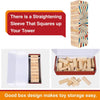 A wooden stacking block tower game featuring a straightening sleeve and various blocks for storage.