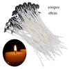 A bundle of 100 pre-waxed cotton candle wicks with metal sustainers, measuring 18cm long.