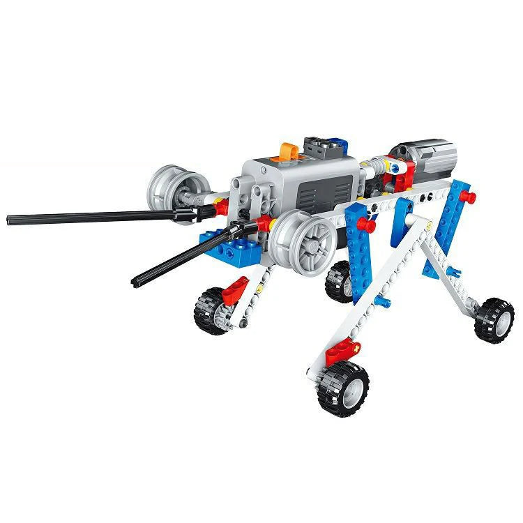 A gray and blue motorized building block set with wheels and a motor assembly.
