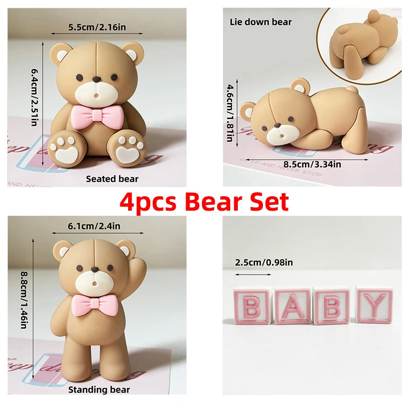A set of four cute bear figures in various poses including seated, lying down, and standing.
