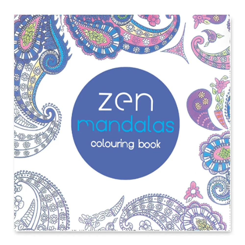Cover of a zen mandalas colouring book featuring intricate patterns and purple blue colors.