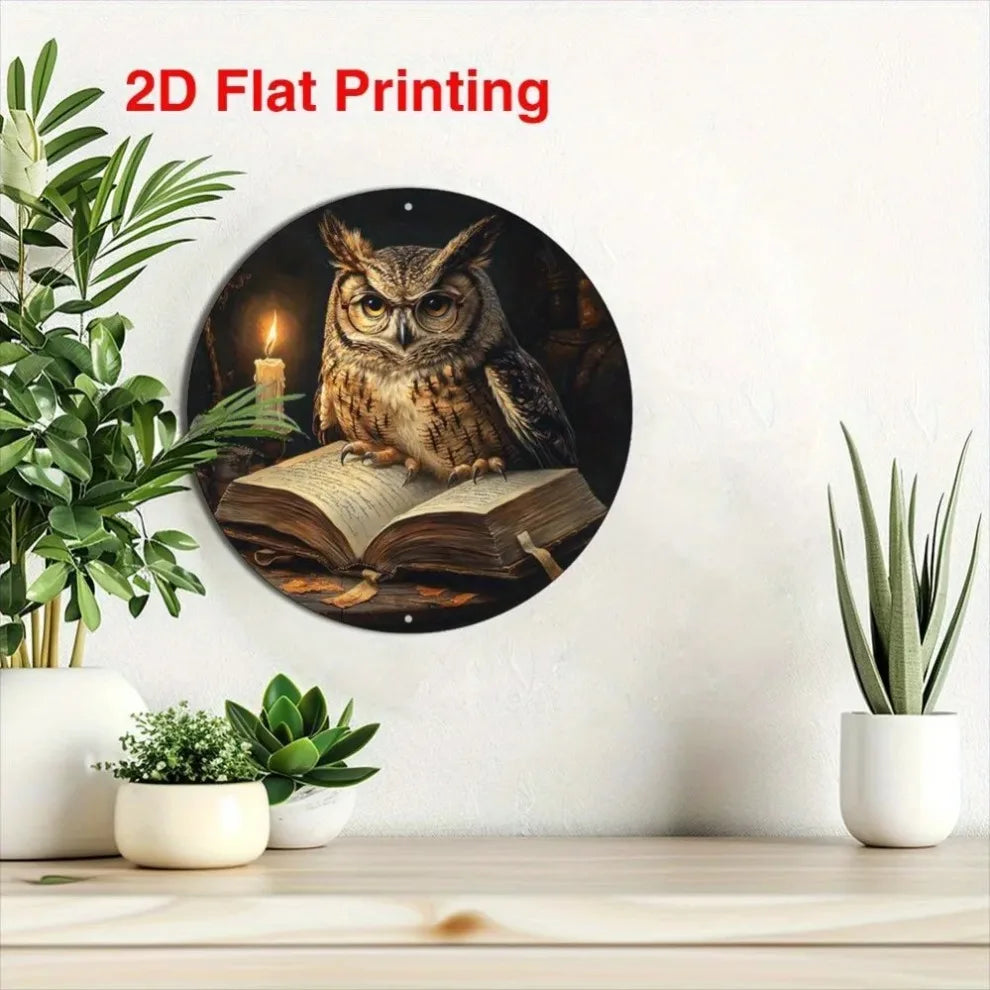 Rustic aluminum owl and book round wall sign featuring an owl looking out from an open book.