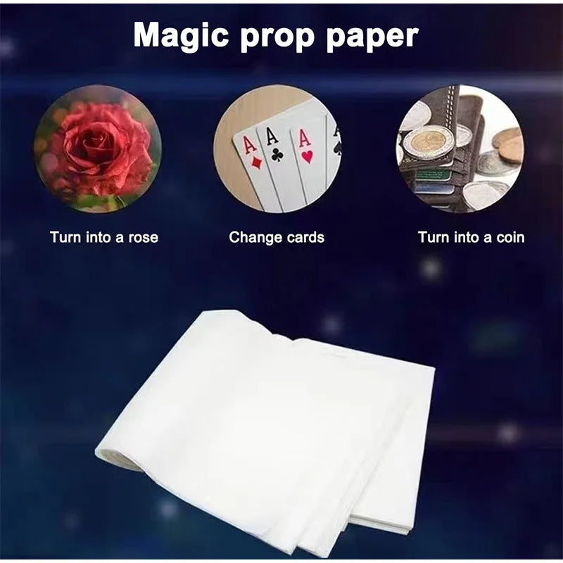 Magic prop paper demonstrating tricks like turning into a rose, changing cards, and forming a coin.