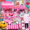 A pink kids doctor role play kit featuring a stethoscope, various medical tools, and a doll.