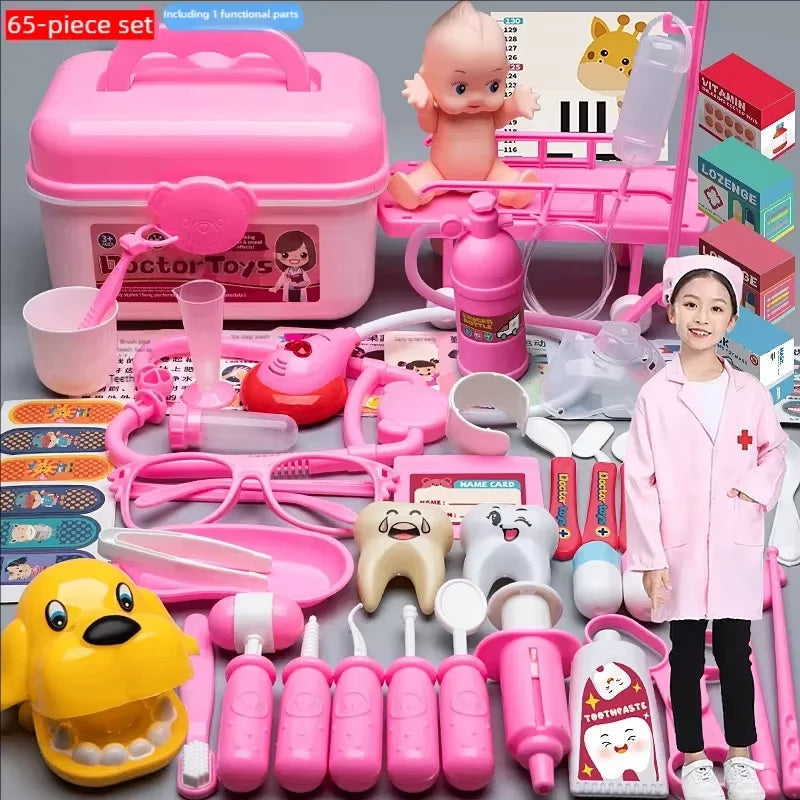 A pink kids doctor role play kit featuring a stethoscope, various medical tools, and a doll.