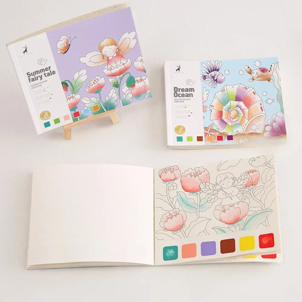 Libro de acuarelas con diseños de cuentos de verano y animales, ilustraciones y muestras de color.