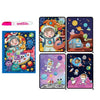 A set of five colorful pages from a magic water coloring book featuring space and friendly characters.