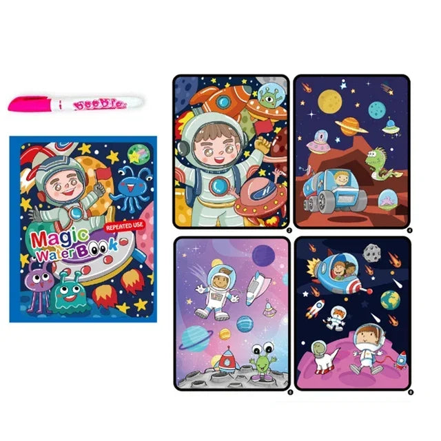 A set of five colorful pages from a magic water coloring book featuring space and friendly characters.