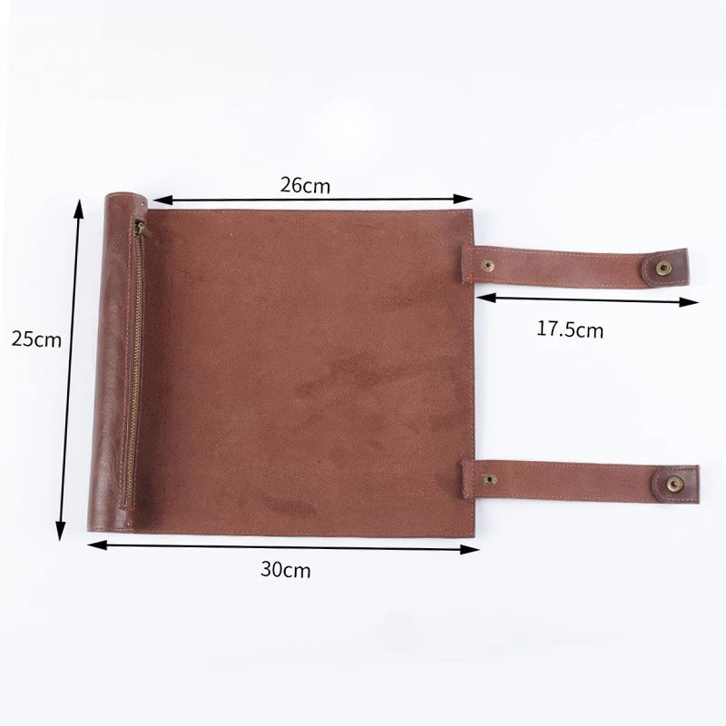 A brown PU leather storage bag shaped like a tray with measurements indicating its size.