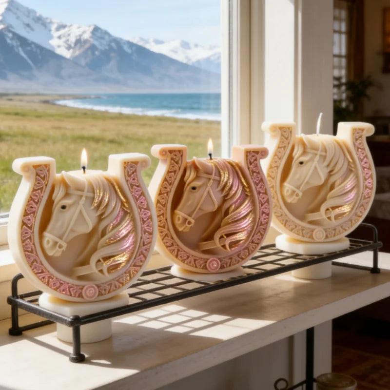 A set of white candles molded into the shape of horses with Celtic knot designs displayed on a black rack.
