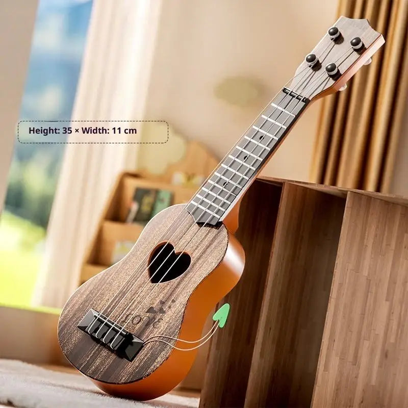 A wooden toy guitar with a brown finish and a heart inlays is displayed on a wooden surface.