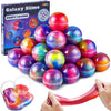 A box of Galaxy Slime party favors and a hand squeezing a pink slime ball.