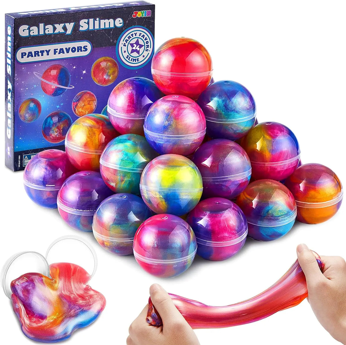 A box of Galaxy Slime party favors and a hand squeezing a pink slime ball.