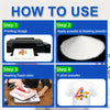 A four-step guide showing how to use DTF hot melt adhesive powder for fabric printing, including printing an image, applying 