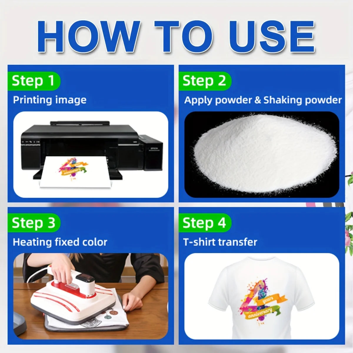 A four-step guide showing how to use DTF hot melt adhesive powder for fabric printing, including printing an image, applying 