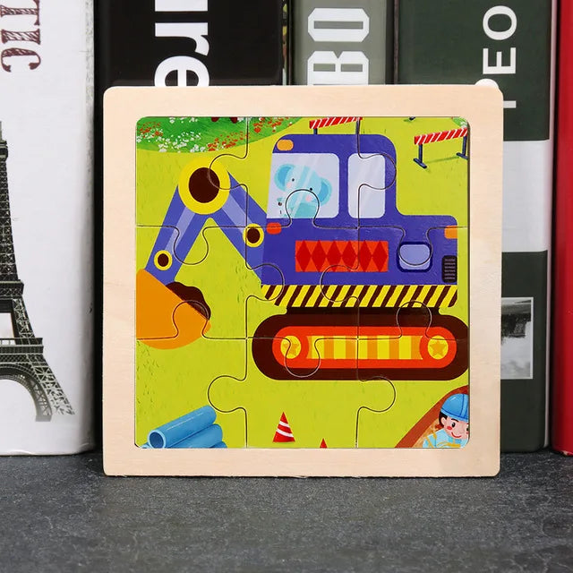 A wooden tangram puzzle featuring a blue train and traffic designs on a light yellow background.