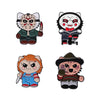 Set of four black cat enamel pins featuring various stylized feline characters.