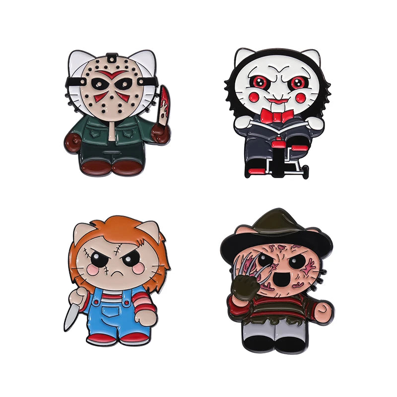 Set of four black cat enamel pins featuring various stylized feline characters.