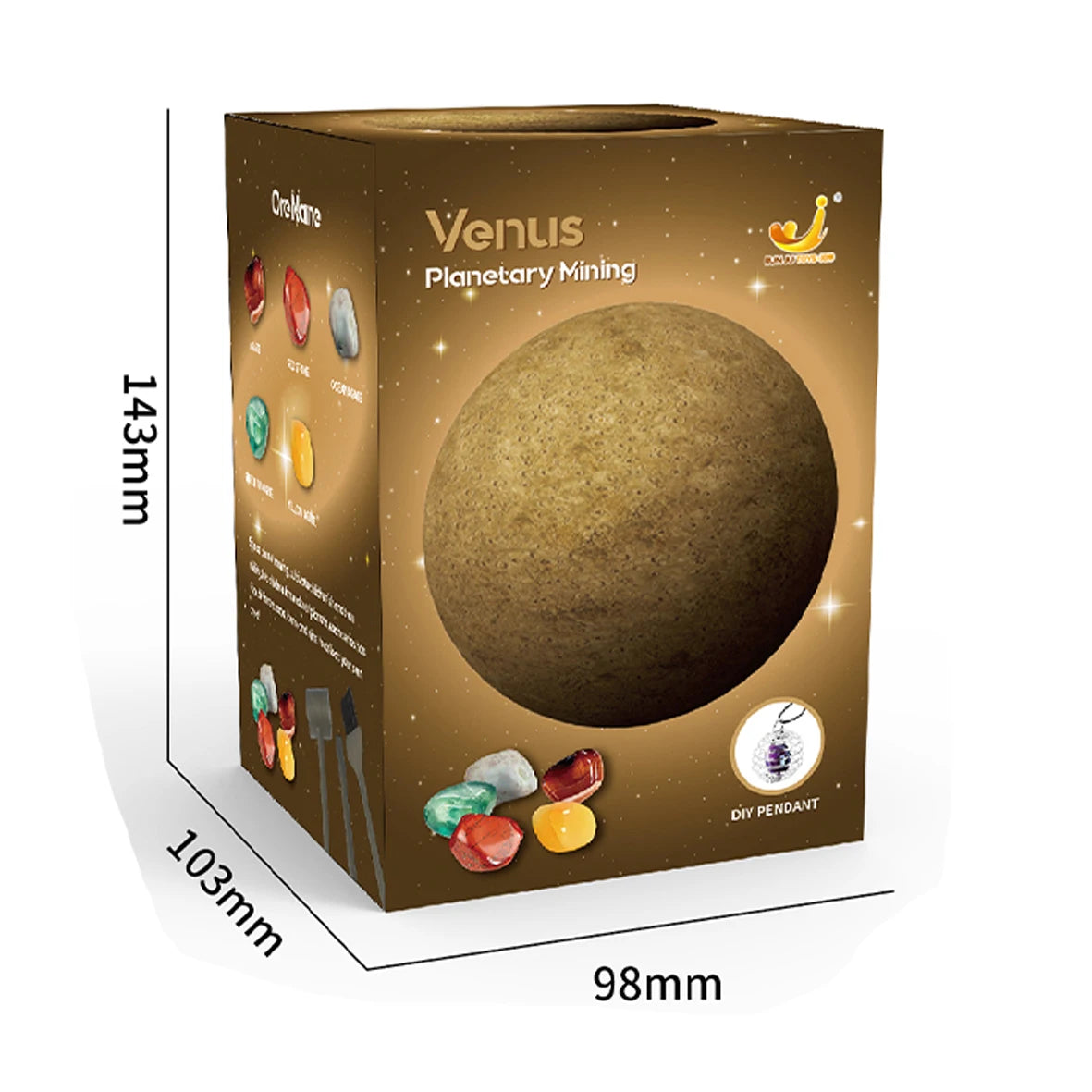 A box containing a Venus Planetary Mining kit for children, featuring various gems and a diy pendant.