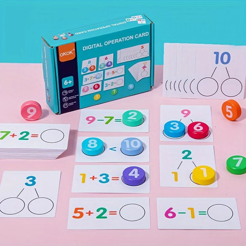 Boîte de cartes d'opérations numériques pour enfants avec des problèmes d'addition et de soustraction.
