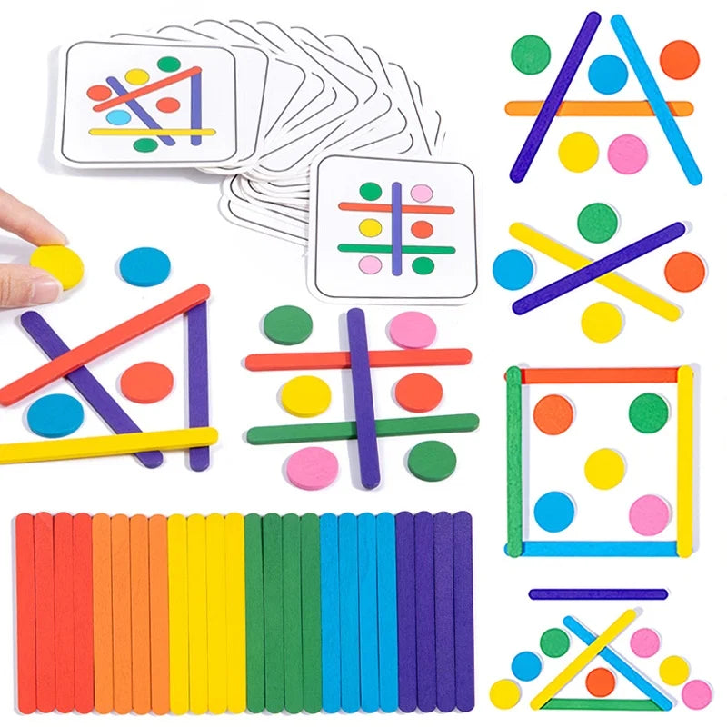 A set of colorful wooden sticks and puzzle cards for a Montessori color and logic matching game.