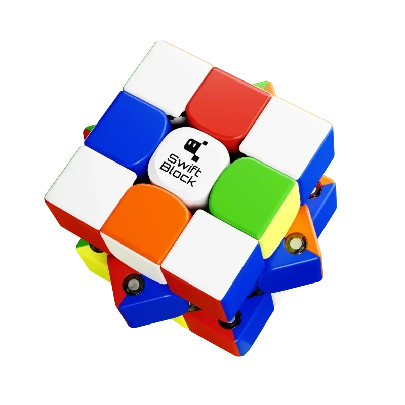 A close-up view of a colorful Swift Block magnetic 3x3 speed cube.