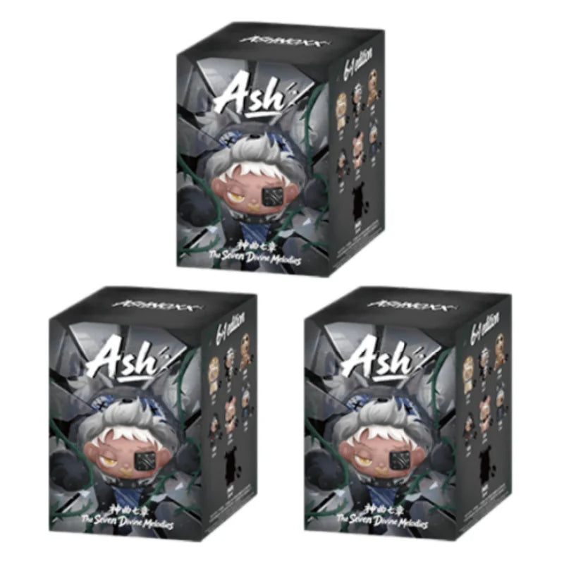 A box of Ash vinyl figures featuring characters from Seven Divine Melodies with bag charm keychains.
