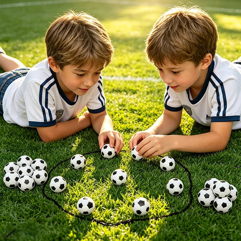 Two young boys play with a magnetic soccer strategy board game on a green lawn.