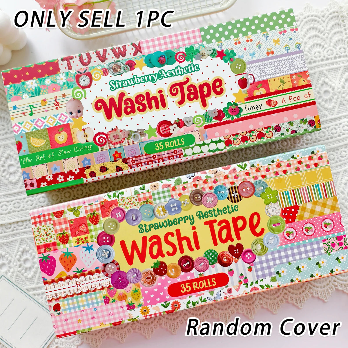 A colorful set of strawberry aesthetic washi tape rolls in various patterns and colors for crafting