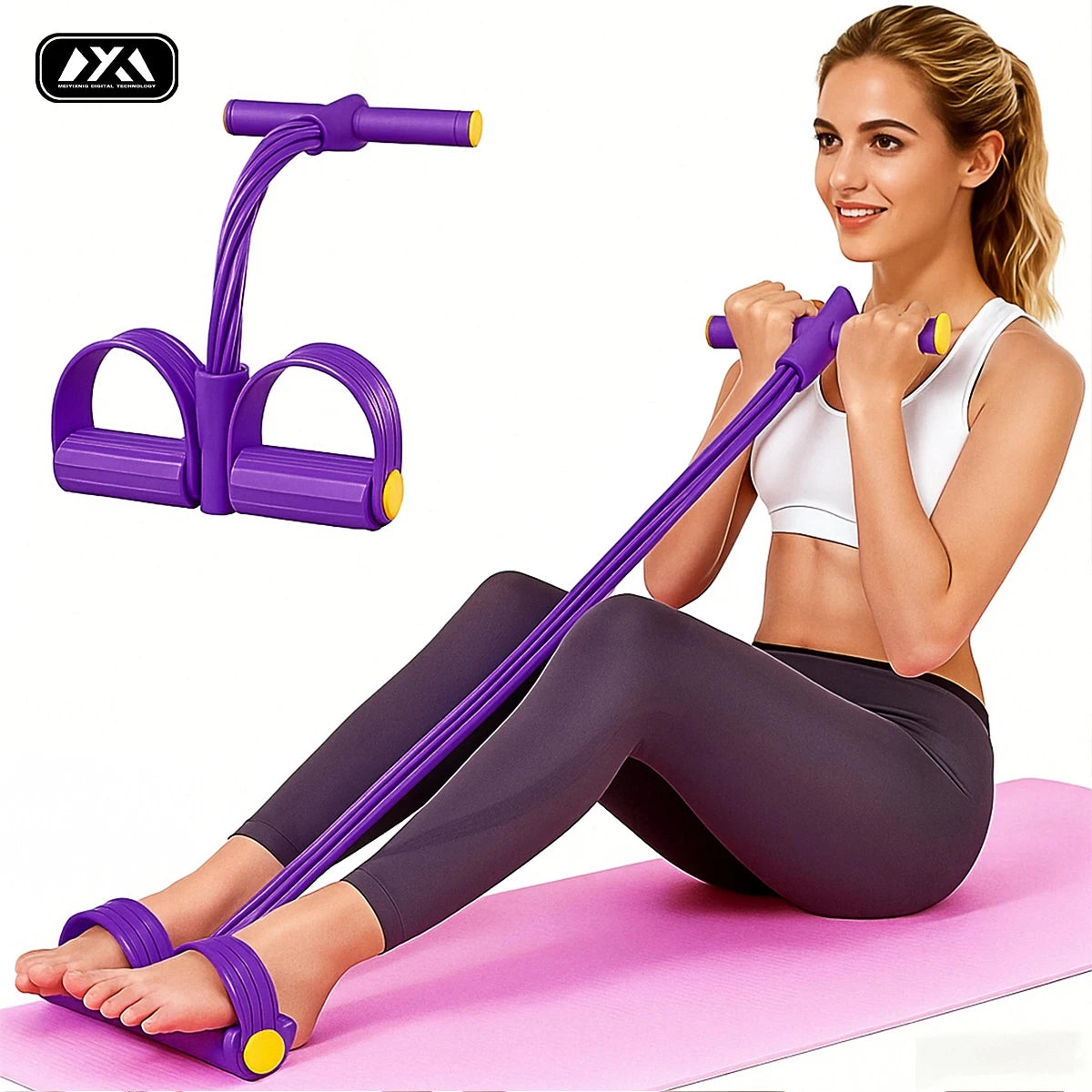 A woman demonstrates using a purple resistance band kit for full-body home workouts on a pink yoga mat.