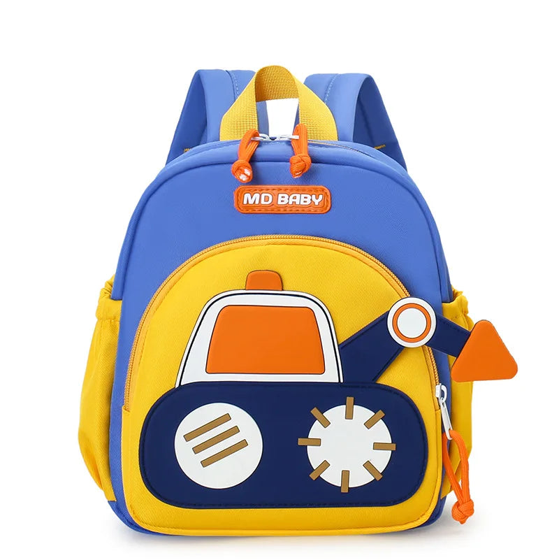 A blue and yellow cartoon digger truck backpack for children with an orange strap.