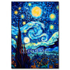 A vibrant painting of a swirling night sky with bright yellow stars and a silhouette of a city below.