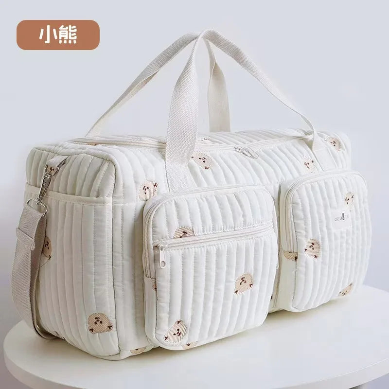 Embroidered Floral Diaper Bag with Bear Design